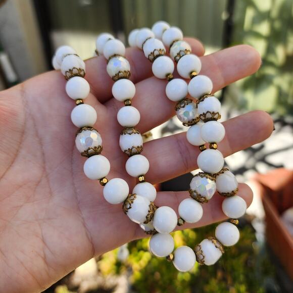 Vtg Jonne Necklace House of Schrager 1950s Milk Glass Givre AB Faceted Retro Mod - Picture 9 of 15